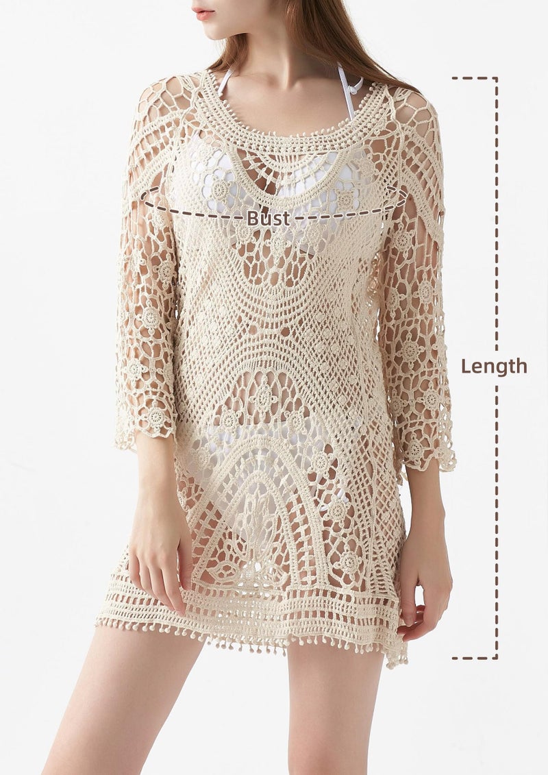 Jeasona Womenâ€™s Bathing Suit Cover Up Crochet Lace Bikini Swimsuit Dress (Beige, M) - Image 4